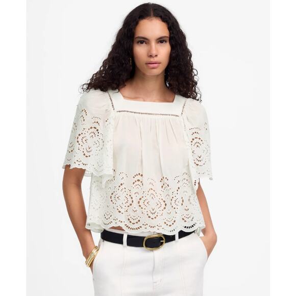Madewell Flutter-Sleeve Top Sz XS White Eyelet Embroidery Square Neck Scalloped - Picture 1 of 9
